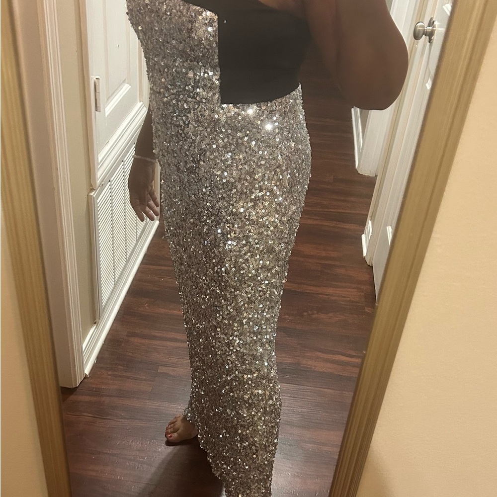 Sequin Gown with Black Bodice - Silver Sparkle